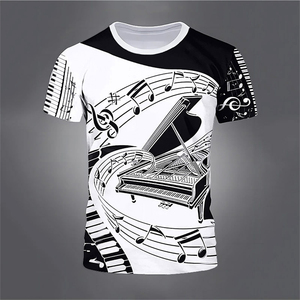 T-shirt da uomo vintage con stampa 3D di note musicali e pianoforte, manica corta - 100% poliestere ecologico, traspirante, taglie forti, moda estiva - Product Image 5