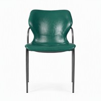Chaise de salle à manger moderne aspect cuir vert, assise et dossier intégrés avec accoudoirs à boucles, pieds en métal gris pour restaurant