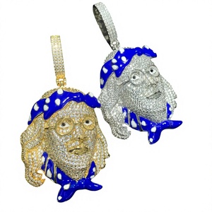 Collier Pendentif Visage Franklin en Laiton avec Zircon Micro-Incrusté et Émail Bleu, Chaîne à Maillons, Bijoux Hip Hop pour Hommes – Le Meilleur Bling CZ - Product Image 4