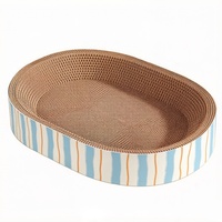 Vente en gros de lits pour chats en carton ondulé et papier, forme ovale, avec bande rayée bleue et orange, pour chats d'intérieur, OEM