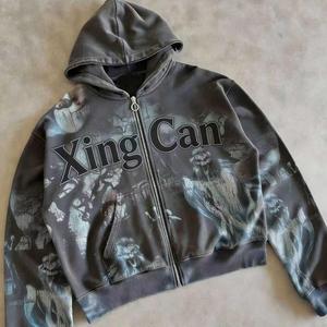 커스텀 빈티지 플로럴 스트릿웨어 헤비 웨이트 집업 재킷 DTG 프린트 지퍼 프렌치 테리 코믹스 애시드 워싱 디스트레스드 후드티 - Product Image 4