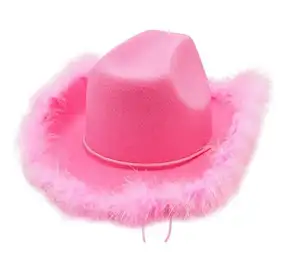 Precioso sombrero de vaquero con ala de plumas esponjosas, sombrero de vaquera rosa de ala ancha, combina con todo para Mardi Gras Rave Playing Dress Up