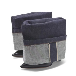 Custom Denim Folded Short <b>Boots</b> Thin High Heels Pointed Toe Mixed Color Overlay Ankle Booties Wide Top Women's Trend Shoes - Product Image 4