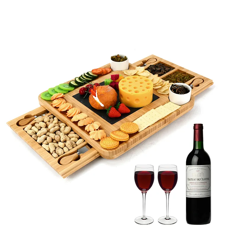 Bamboo Charcuterie Board Set Cheese Board And Knife Set Cheese Cutting Board With Double Drawer