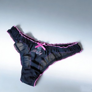 Tanga de punto fino de cintura media con encaje de malla transparente y lazo decorativo, ropa interior sexy y cómoda para chicas. - Product Image 4