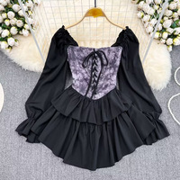 Nouveautés Vente Flash Robe Mini Trapèze à Col Carré Manches Longues Taille Haute Empire Élégante Manches Lanterne Plissée Unie pour