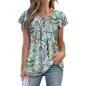 2025 túnica de verano de manga corta con cuello en V para mujer, blusa elegante de Cachemira Beige M con logotipo bordado para usar mallas - Product Image 3