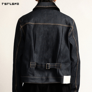 Chaqueta de mezclilla cruda selvedge índigo oscuro para hombre con solapa oculta, bolsillo único en el pecho, hebilla trasera en la cintura y corte holgado estilo Heritage. - Product Image 3