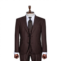 Costume d'affaires homme marron à rayures fines, croisé, col mandarin, en tissu peigné mélange viscose et polyester, infroissable, grande taille