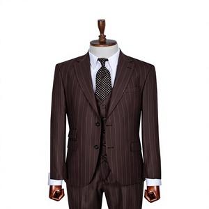 Costume d'affaires marron à fines rayures pour homme, croisé, col mandarin, en mélange viscose et polyester, infroissable, grandes tailles, avec gilet - Product Image 1