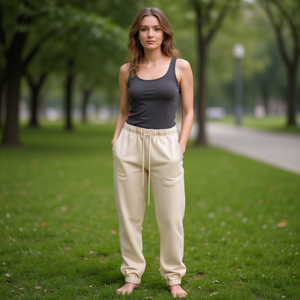 Pantalon Harem pour femme HDJ, beige, coton, fibre de bambou, coupe ample, taille haute, cordon de serrage, longueur intégrale, décontracté, pour le printemps - Product Image 2