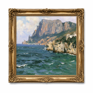 Dipinto a Olio di Scena Costiera con <span class=keywords><strong>Scogliera</strong></span>, Cornice Dorata Vintage, Paesaggio Mediterraneo su Tela, Dipinto a Mano, Dimensioni Personalizzabili per <span class=keywords><strong>Hotel</strong></span> - Product Image 1