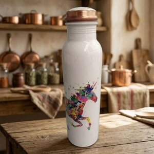 Pure Copper Water Bottle Featuring Vibrant Artistic Watercolor Unicorn Illustration Stylish Ayurvedic Health Wellness Hydration - Product Image 1