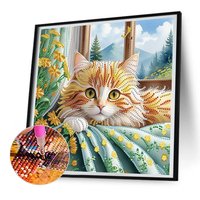 Kit de Peinture Diamant DIY Chat Gingembre Fleur de Fenêtre 30x30cm, Artisanat Artistique en Strass de Cristal pour Décoration Intérieure