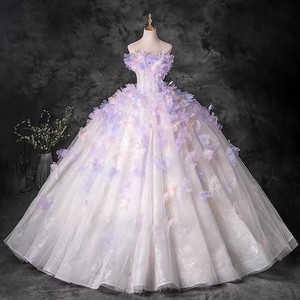 Pink Strapless Ball Gown Wedding Dress Empire Waist Floral Print Long Train Princess Style - Product Image 1
