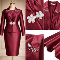 Costume pour femmes AST060530, tenue de bureau, robe élégante en satin, blazer perlé et robe intérieure, ensemble 2 pièces, costume de travail formel pour femmes