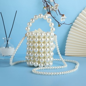 Women's New Trendy Mini Crossbody Bag Handmade Design Open Pearl Beaded Chains Shoulder Bag ABS Drawstring Bucket Handba