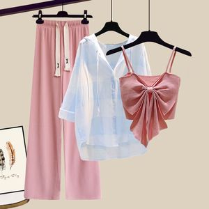 Bộ đồ nữ mùa hè 3 món, <span class=keywords><strong>size</strong></span> lớn, kiểu học sinh, áo sơ mi phối màu, quần ống rộng, bộ đồ thể thao nữ - Product Image 3