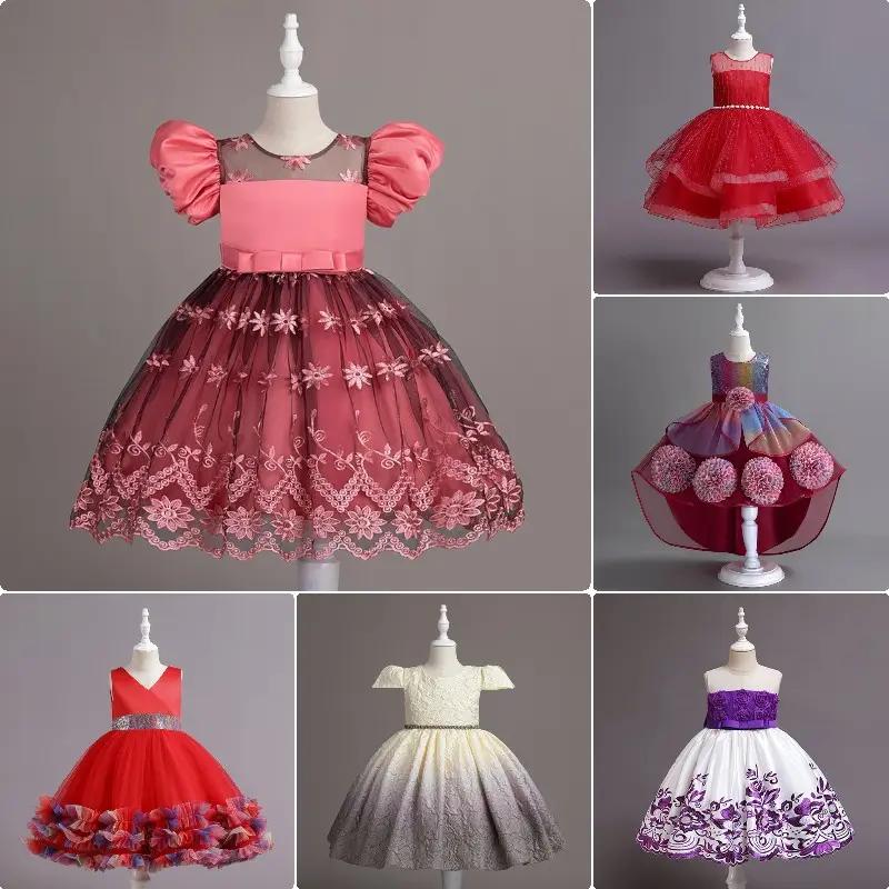 Super Quality Girls Party Dresses Sleeveless Mesh Lace Tulle Dress with Bowknot Kids Evening Gowns Children Casual Ball Gown ODM