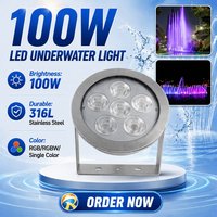 Luces LED Sumergibles para Piscina de Alta Luminosidad COB 100W IP68, Acero Inoxidable 316L, Blanco Cálido, Control DMX512, CRI80, 5400 Lúmenes