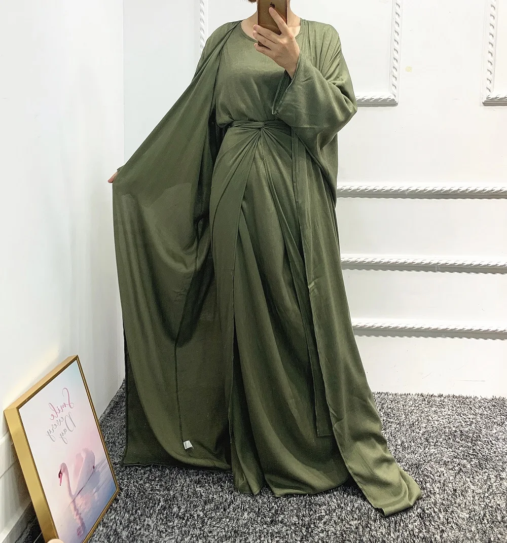 Loriya Top Selling high quality Muslim women Abaya 3pcs Set kimono open Cardigan Islamic Clothing