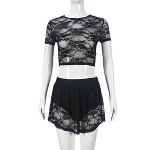 New <b>Lace</b> High <b>Elastic</b> Hollow Out Navel Short Sleeve Short Skirt Pants Women's Sexy 2-piece Set Fashion - Product Image 5