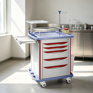 Table d'hôpital de haute qualité en acier inoxydable, plateau concave double couche, 48 compartiments par tiroir, 5 tiroirs, 4 roulettes, design moderne, sécurisée - Product Image 3