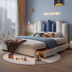 Cama Acolchada Suave, Muebles de <span class=keywords><strong>Dormitorio</strong></span> Modernos, Cama con Estructura de Madera y Cuero, Cama Nórdica para Niños, Muebles de Habitación para Niños - Product Image 4