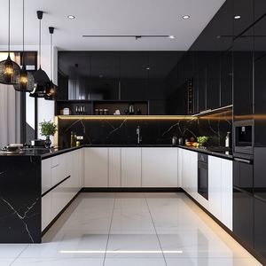Mueble de <span class=keywords><strong>Cocina</strong></span> Modular en Forma de U de Lujo, Juego de Fregadero con Encimera de Mármol, Acabado Lacado Brillante, Personalizable, Ecológico, Diseño Moderno para el Hogar - Product Image 3