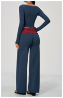 Ensemble de yoga 2 pièces pour femme : haut à manches longues et pantalon large à taille repliable – Tenue de sport élastique pour fitness et yoga