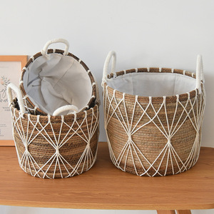 Wicker Laundry <b>Basket</b> Round Cotton Lining Stackable Storage <b>Basket</b> For Home Use - Product Image 1