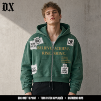 Sweat-shirts à capuche entièrement zippés personnalisés vert forêt, effet vieilli, avec patchs déchirés et appliqués, 380 g/m², pour marques, fabricants OEM ODM