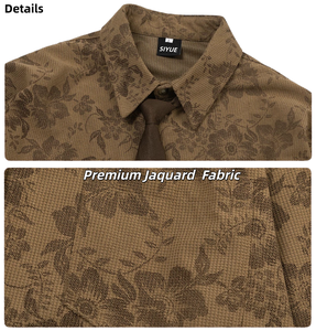 Chemises boutonnées surdimensionnées à manches longues en velours côtelé jacquard floral pour hommes, style vintage, avec cravate, marque privée - Product Image 2