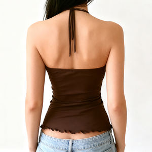 Top Halter Minimalista de Color Liso para Mujer con Busto Fruncido, Ribete de Encaje, Sin Espalda, Ajuste Delgado, Sin Mangas, Top de Verano - Product Image 6