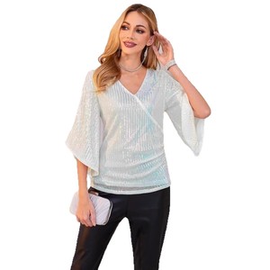 Women's <b>Sequined</b> V-Neck Flared Sleeve <b>Top</b> With Cut-Out Detail Sparkling Party Wear - Product Image 5