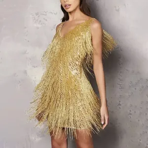 Atacado sexy profunda V sem mangas saia lápis vestidos do partido mulheres sparkly lantejoulas strass franja vestido borla