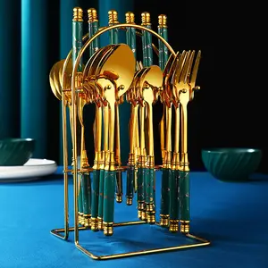 24-Pcs Set Gold Luxury Stainless Steel ceramic handle Flatware Set Kitchen Table Cutlery Gift Set with rack