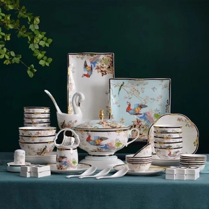 72PCS Stocked High Quality Luxury Tableware Set Ceramic Plates Utensils Kit Flowers Birds Pattern 10-Piece Wholesale <b>Dinnerware</b> - Product Image 1