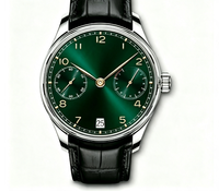 Montre automatique chronographe pour homme, cadran vert, bracelet en cuir véritable, montre-bracelet à remontage automatique