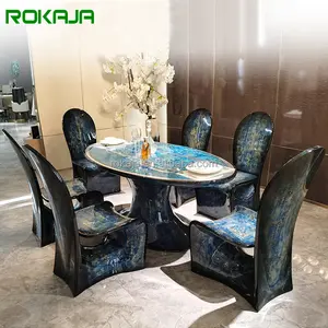 Luxury Oval Shape Sapphire Dining Table Set 6 Seater Piano Baking Varnish Dining Table And Chairs Italian Design