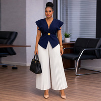 Ensemble haut et pantalon ample décontracté style africain grande taille col en V couleur unie en polyester pour femme – Collection été 2026