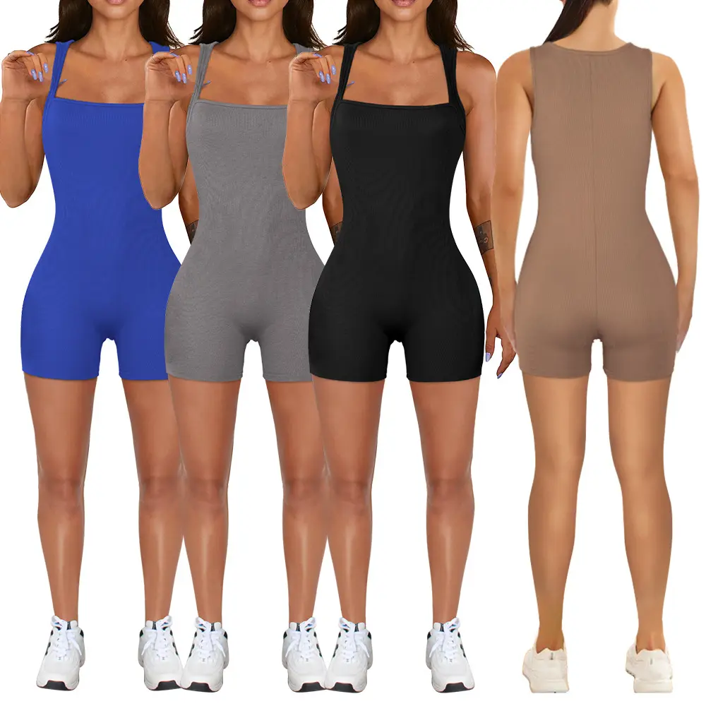 Best Selling Products 2024 Solid Color Yoga Rompers Bodysuits Women's Square Neck One Piece Workout Short Jumpsuits