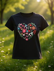T-shirt con cuore floreale da donna, manica corta, comoda maglietta in cotone con scollo rotondo, casual, primavera estate, con stampa di San Valentino - Product Image 2