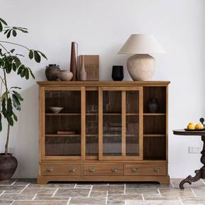 Mueble de Almacenamiento para Sala de Estar, Minimalista, Hecho a Mano, Ahorra Espacio, Madera de Teca Sólida, Puerta de Vidrio, Cajones - Product Image 5