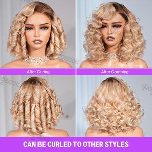 Ombre Rubio ceniza resaltar Bob <span class=keywords><strong>corto</strong></span> peluca ondulada 6x5 Rubio #2 marrón oscuro <span class=keywords><strong>cabello</strong></span> humano virgen sin pegamento frente de encaje peluca judía - Product Image 5