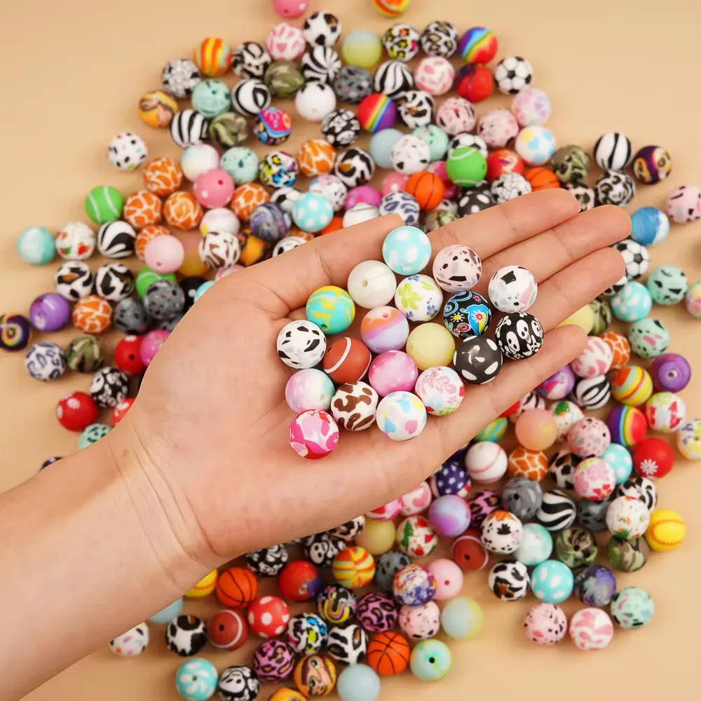 Wholesale 12MM 15MM 19MM Faux Floral Textures Leopard Print Patterned designer Silicone round Beads bulk for hair keychain