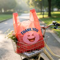 Sac de courses en plastique rouge imprimé smiley « Merci » pour vêtements, chaussettes et autres articles de garde-robe – Portable et jetable
