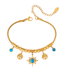 สร้อยข้อมือสแตนเลสสตีลชุบทอง 18K PVD ประดับด้วยเทอร์ควอยซ์ลายต้นไม้แห่งชีวิตและลายพระอาทิตย์สไตล์โบฮีเมียน |   กันน้ำ ป้องกันการแพ้ และไม่ซีดจาง - Product Image 1