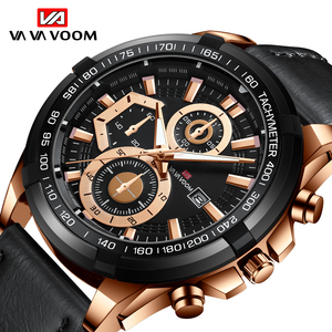 Luxury Mens Chronograph <b>Watch</b> Rose Gold Black <b>Case</b> Leather Strap Sport Wristwatch With Date For Me - Product Image 6
