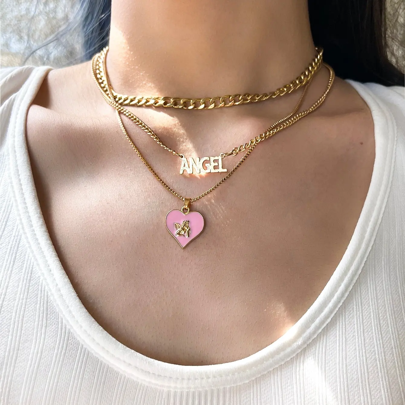 Sindlan Vintage Gold Necklace Angel Letter Necklace Hiphop Pink Heart Layered Chains Necklace